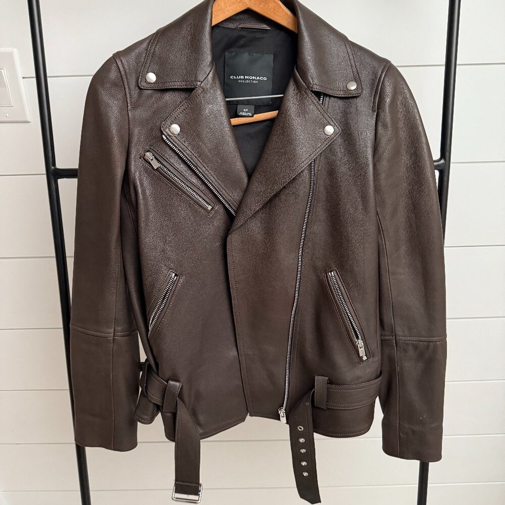 Like New- Chocolate Brown Genuine Leather Moto Jacket S/P- Clu Monaco Collection